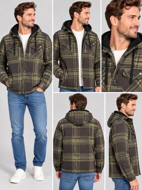 Hi-Tec Men’s size Small Plaid Sherpa Lined Hooded Flannel Jacket Olive Brown NWT